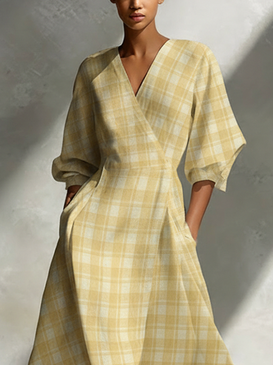 ISABELA | Vestido maxi a cuadros con escote en V