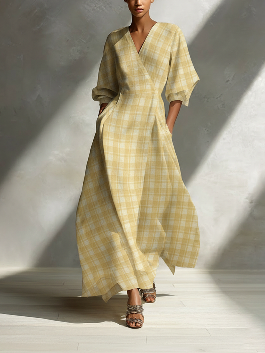 ISABELA | Vestido maxi a cuadros con escote en V