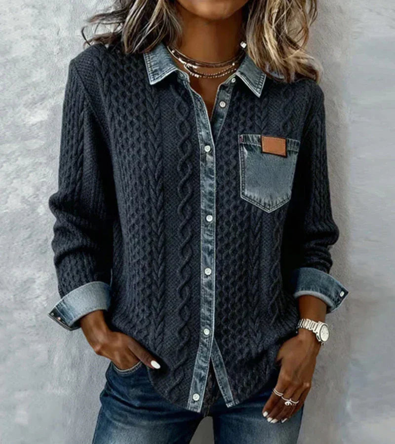 FÁTIMA | Top de punto con detalles en denim