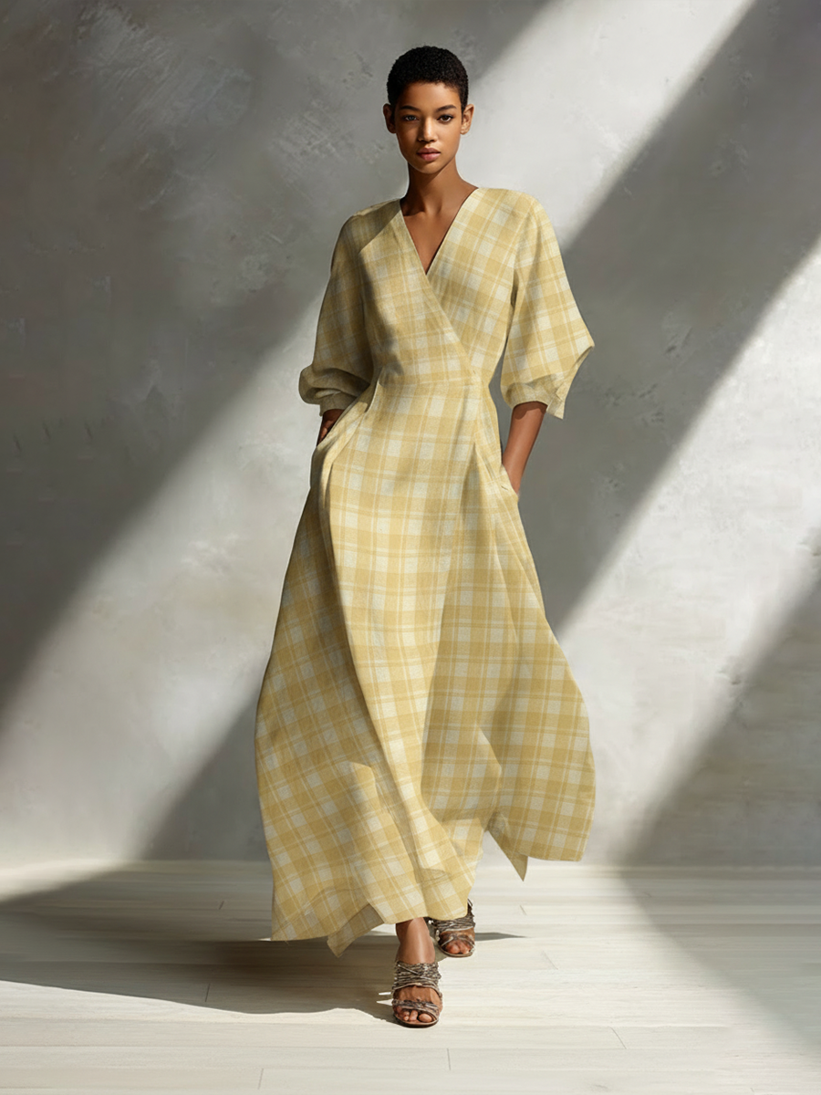 ISABELA | Vestido maxi a cuadros con escote en V